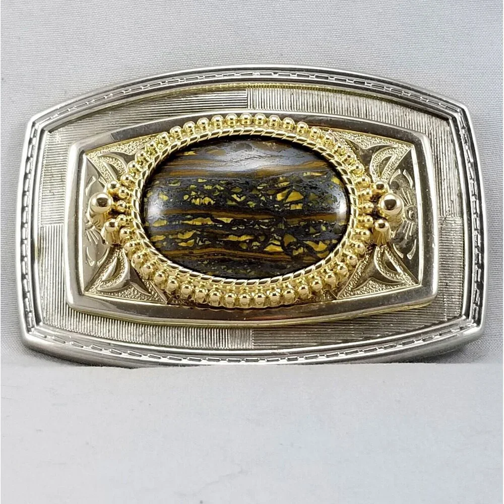 Belt Buckle Women's Unisex Onyx Ornate Western Filigree Gold And Silver Color‎